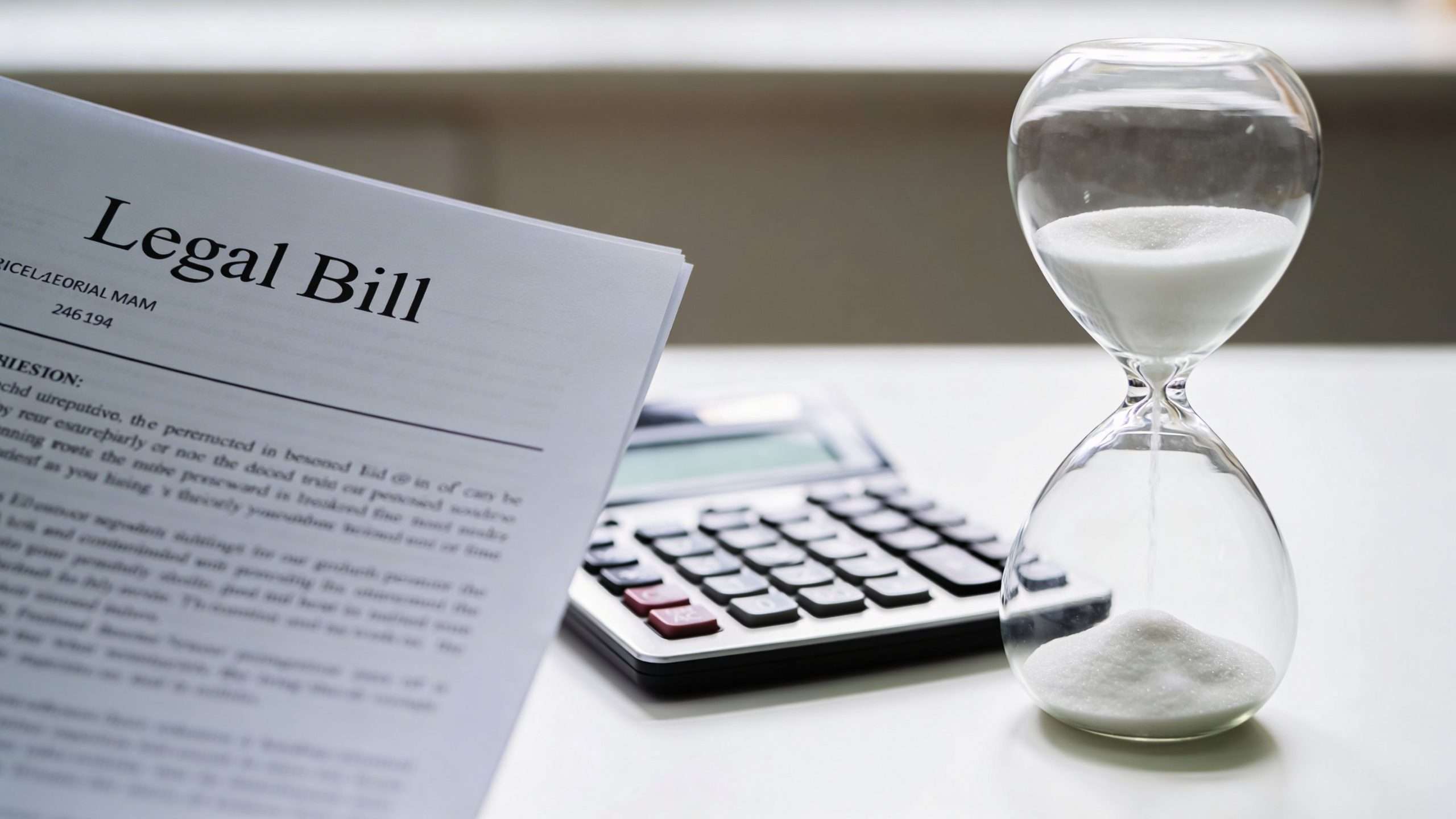 A legal bill document rests next to a calculator and an hourglass, symbolizing time-based legal billing services.
