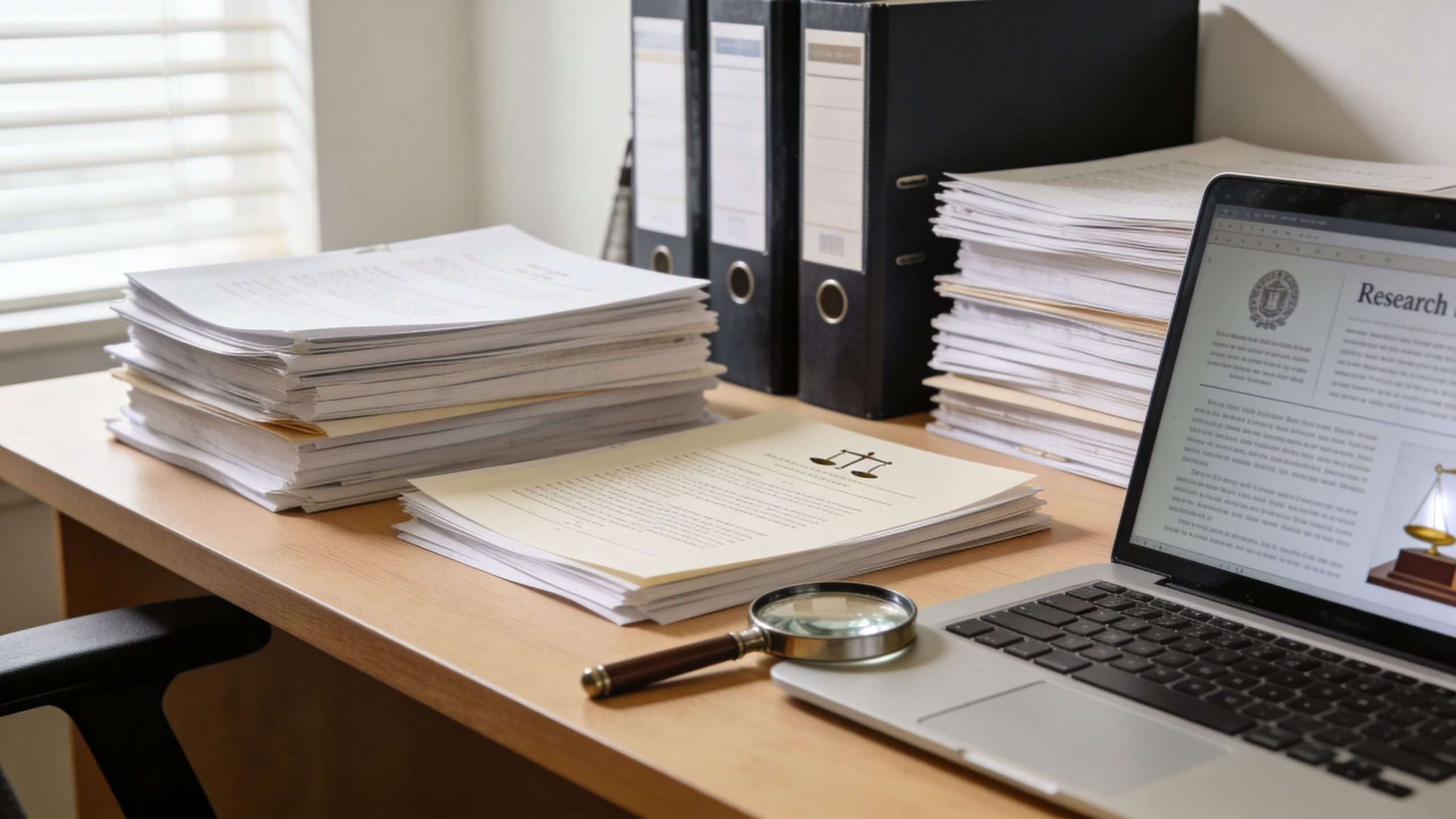 A professional legal workspace featuring stacked documents, research papers on a laptop, and a magnifying glass.