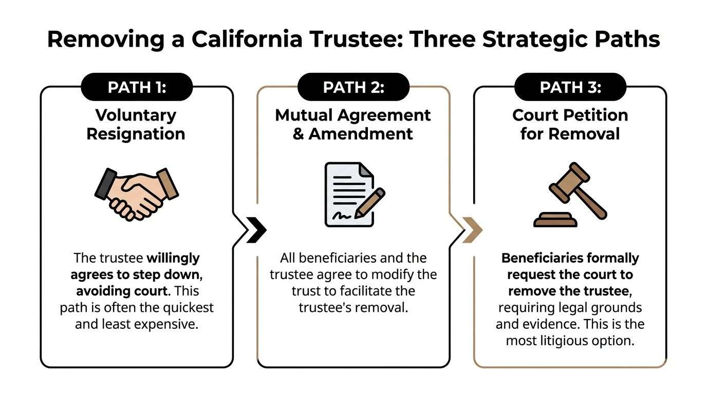 A diagram outlining three strategic paths for removing a California trustee including resignation, amendment, and litigation.