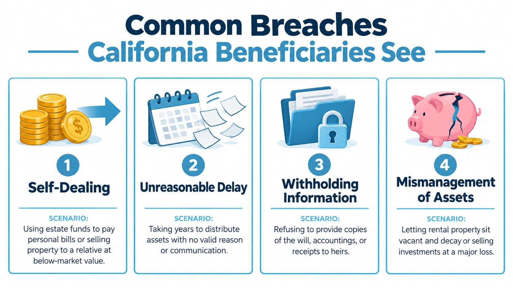 An infographic showing four common types of breaches that California estate beneficiaries may encounter with executors.
