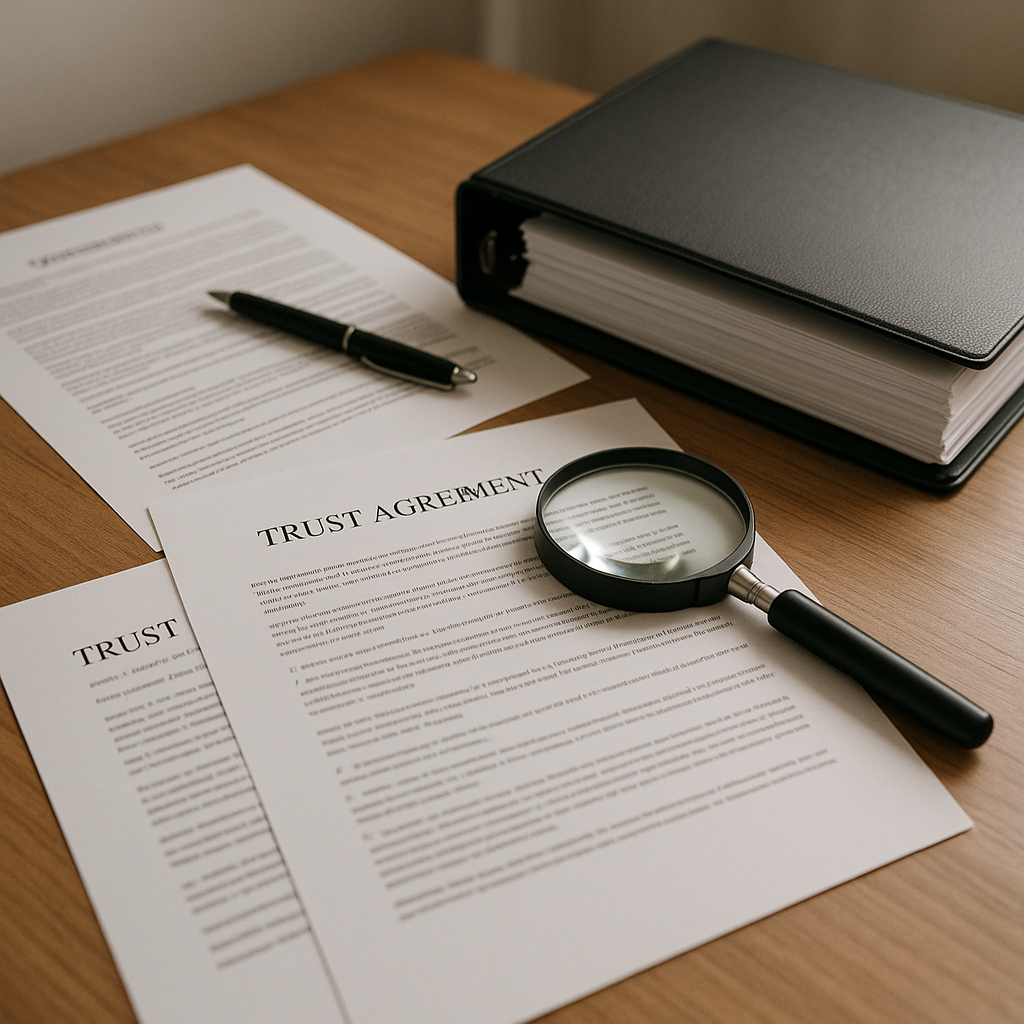 Documents and a binder representing a trust checklist for after-death administration
