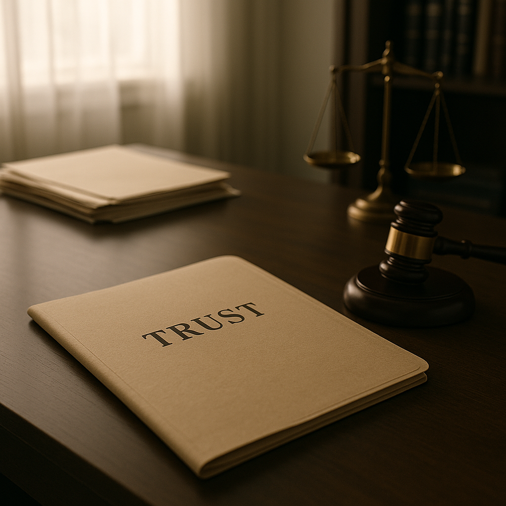 Trust administration documents on a desk in a professional office setting