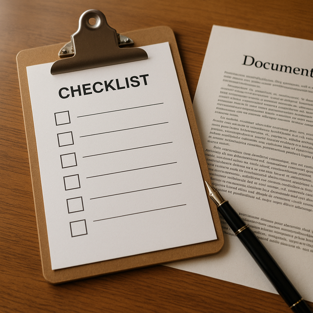 Trust planning checklist with legal documents and a pen
